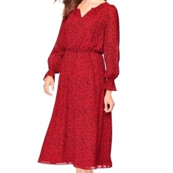 Talbots Petite Leopard Split Neck Long Sleeve Red Midi Dress SZ 12P - Picture 1 of 6